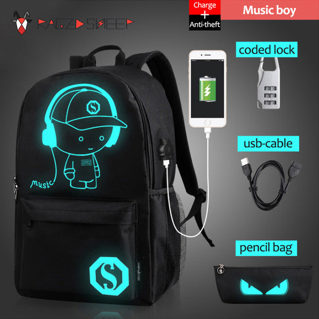 Raged Sheep School Backpack Student Luminous Animation School Bags For Teenager  USB Charge Computer Anti-theft Laptop Backpack